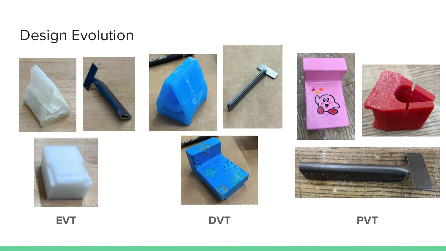 Slide showing mount, base, and key generations from white EVT parts to a blue DVT set to pink and red PVT parts.