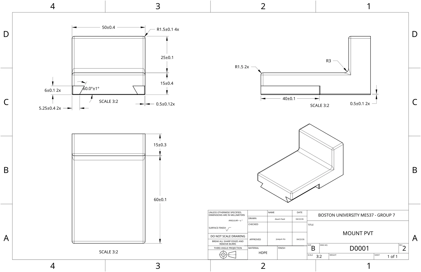 B-size engineering drawing D0001 of the HDPE PVT mount with toleranced views, 60-degree dovetail angle, and title block.