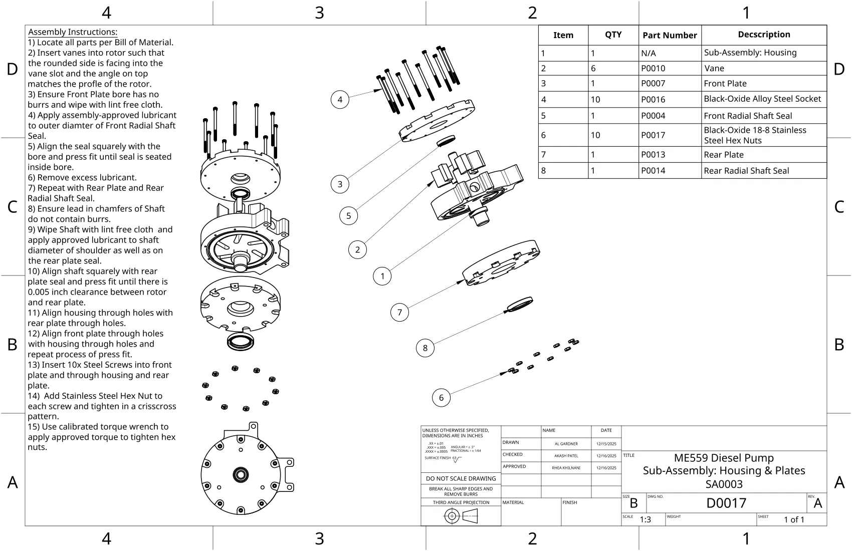 Sub-assembly drawing D0017: exploded housing and plates beside 15 numbered assembly steps and an eight-item BOM.
